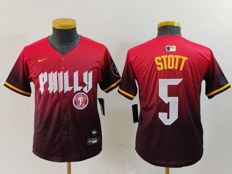 Youth Philadelphia Phillies #5 Bryson Stott Red 2024 City Connect Limited Stitched Baseball Jersey 6 Youth Philadelphia Phillies #5 Bryson Stott Red 2024 City Connect Limited Stitched Baseball Jersey 6