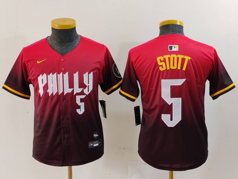 Youth Philadelphia Phillies #5 Bryson Stott Red 2024 City Connect Limited Stitched Baseball Jersey 1 Youth Philadelphia Phillies #5 Bryson Stott Red 2024 City Connect Limited Stitched Baseball Jersey 1