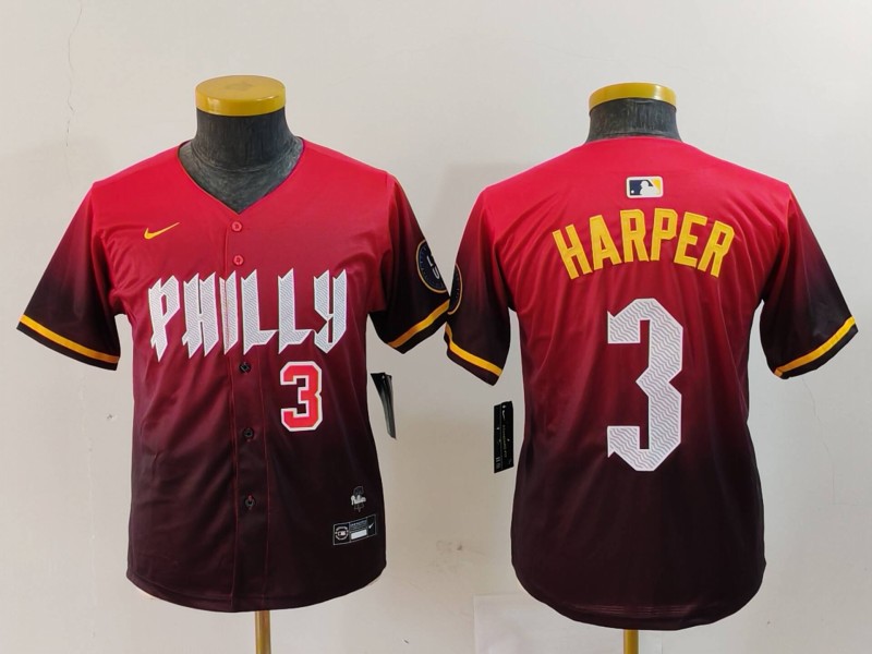 Youth Philadelphia Phillies #3 Bryce Harper Red 2024 City Connect Limited Stitched Baseball Jersey 5 Youth Philadelphia Phillies #3 Bryce Harper Red 2024 City Connect Limited Stitched Baseball Jersey 5