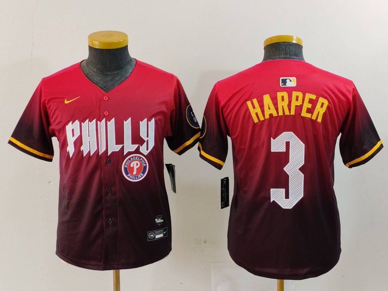 Youth Philadelphia Phillies #3 Bryce Harper Red 2024 City Connect Limited Stitched Baseball Jersey 1 Youth Philadelphia Phillies #3 Bryce Harper Red 2024 City Connect Limited Stitched Baseball Jersey 1