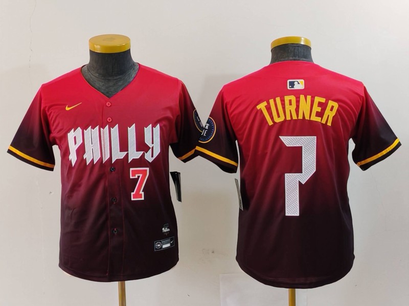Youth Philadelphia Phillies #7 Trea Turner Red 2024 City Connect Limited Stitched Baseball Jersey 5 Youth Philadelphia Phillies #7 Trea Turner Red 2024 City Connect Limited Stitched Baseball Jersey 5