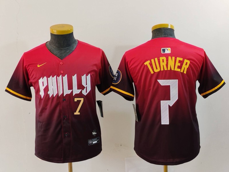 Youth Philadelphia Phillies #7 Trea Turner Red 2024 City Connect Limited Stitched Baseball Jersey 2 Youth Philadelphia Phillies #7 Trea Turner Red 2024 City Connect Limited Stitched Baseball Jersey 2