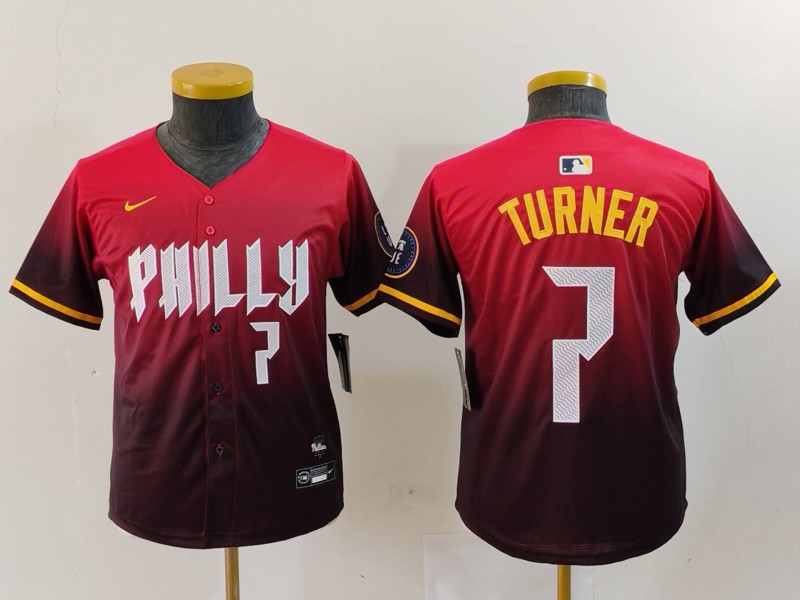 Youth Philadelphia Phillies #7 Trea Turner Red 2024 City Connect Limited Stitched Baseball Jersey 1 Youth Philadelphia Phillies #7 Trea Turner Red 2024 City Connect Limited Stitched Baseball Jersey 1