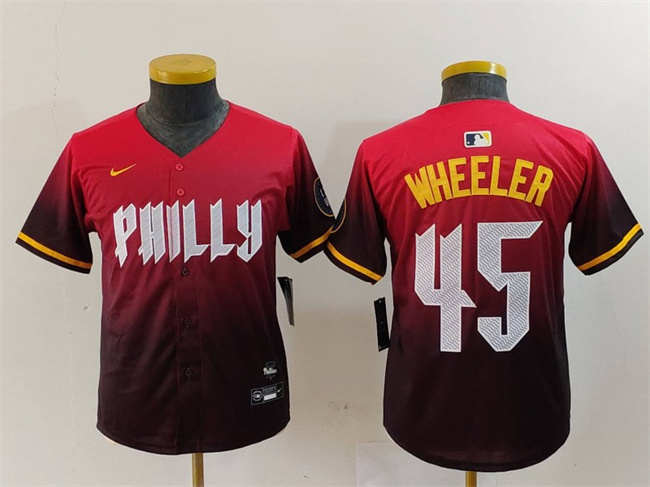 Youth Philadelphia Phillies #45 Zack Wheeler Red 2024 City Connect Limited Stitched Baseball Jersey Youth Philadelphia Phillies #45 Zack Wheeler Red 2024 City Connect Limited Stitched Baseball Jersey
