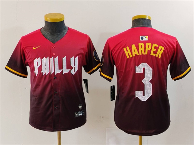 Youth Philadelphia Phillies #3 Bryce Harper Red 2024 City Connect Limited Stitched Baseball Jersey Youth Philadelphia Phillies #3 Bryce Harper Red 2024 City Connect Limited Stitched Baseball Jersey