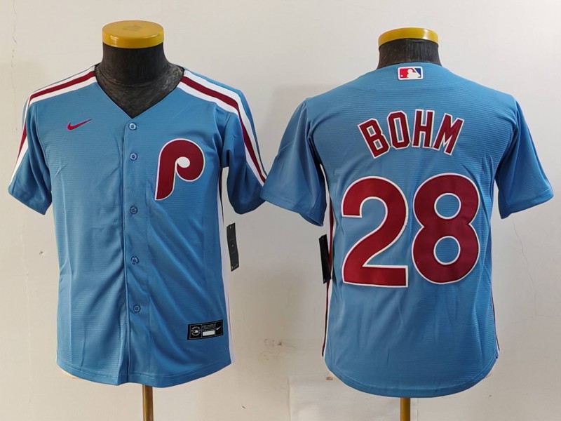 Youth Philadelphia Phillies #28 Alec Bohm Blue Cool Base Stitched Baseball Jersey 3 Youth Philadelphia Phillies #28 Alec Bohm Blue Cool Base Stitched Baseball Jersey 3