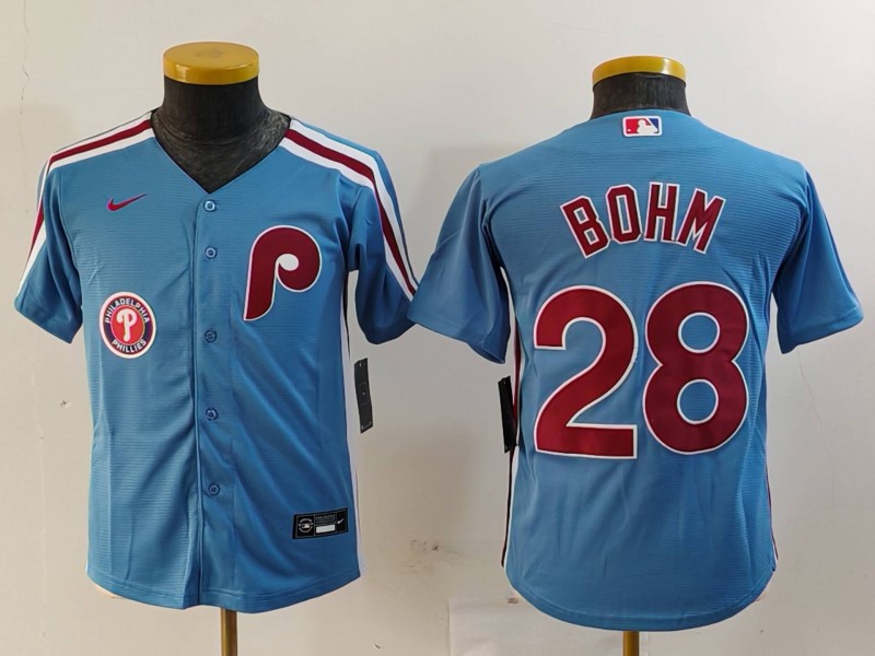 Youth Philadelphia Phillies #28 Alec Bohm Blue Cool Base Stitched Baseball Jersey 2 Youth Philadelphia Phillies #28 Alec Bohm Blue Cool Base Stitched Baseball Jersey 2