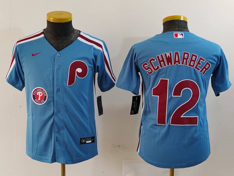 Youth Philadelphia Phillies #12 Kyle Schwarber Blue Cool Base Stitched Baseball Jersey 2 Youth Philadelphia Phillies #12 Kyle Schwarber Blue Cool Base Stitched Baseball Jersey 2