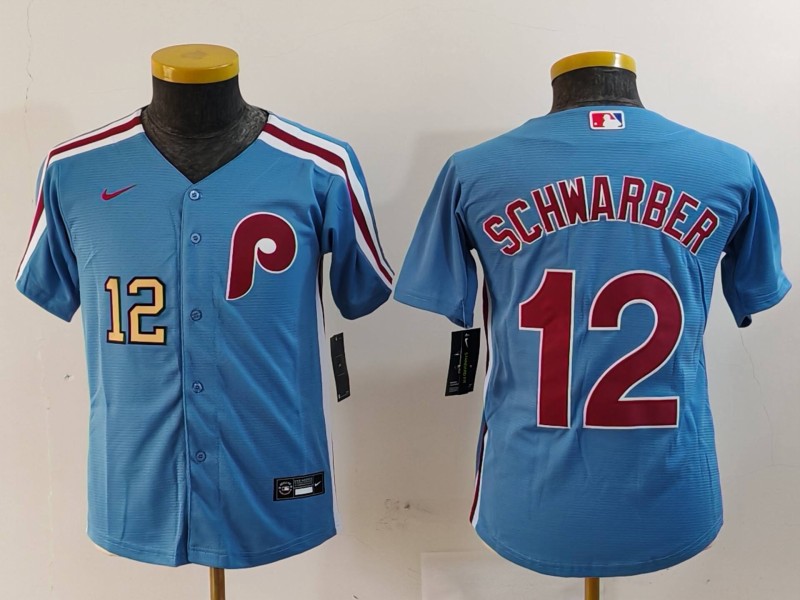 Youth Philadelphia Phillies #12 Kyle Schwarber Blue Cool Base Stitched Baseball Jersey 1 Youth Philadelphia Phillies #12 Kyle Schwarber Blue Cool Base Stitched Baseball Jersey 1