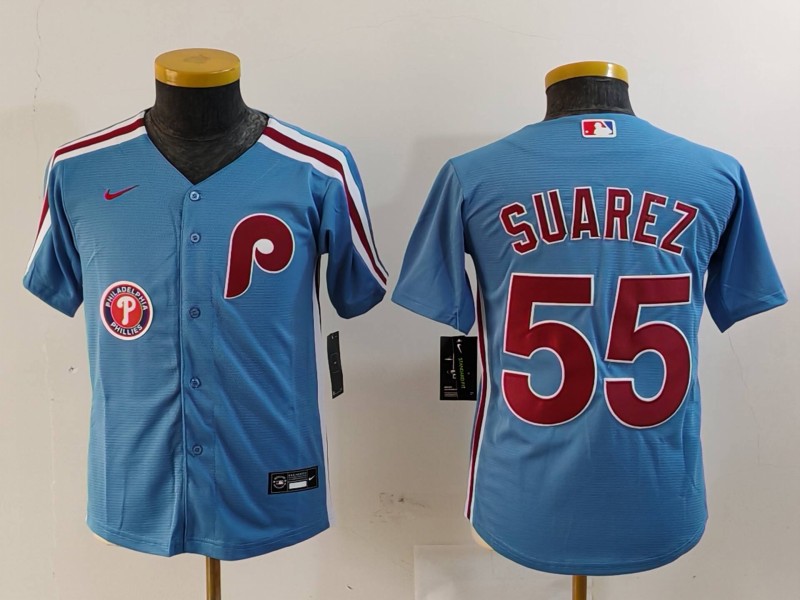 Youth Philadelphia Phillies #55 Ranger Suárez Blue Cool Base Stitched Baseball Jersey 1 Youth Philadelphia Phillies #55 Ranger Suárez Blue Cool Base Stitched Baseball Jersey 1