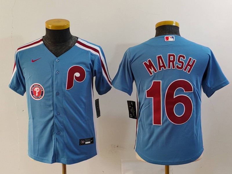 Youth Philadelphia Phillies #16 Brandon Marsh Blue Cool Base Stitched Baseball Jersey 6 Youth Philadelphia Phillies #16 Brandon Marsh Blue Cool Base Stitched Baseball Jersey 6