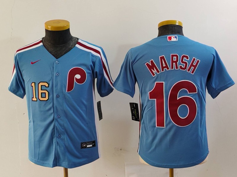 Youth Philadelphia Phillies #16 Brandon Marsh Blue Cool Base Stitched Baseball Jersey 1 Youth Philadelphia Phillies #16 Brandon Marsh Blue Cool Base Stitched Baseball Jersey 1