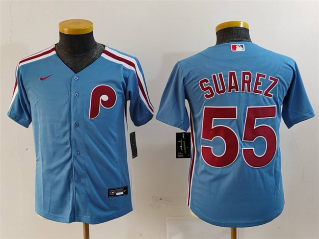 Youth Philadelphia Phillies #55 Ranger Suárez Blue Cool Base Stitched Baseball Jersey Youth Philadelphia Phillies #55 Ranger Suárez Blue Cool Base Stitched Baseball Jersey