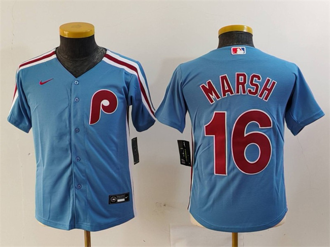 Youth Philadelphia Phillies #16 Brandon Marsh Blue Cool Base Stitched Baseball Jersey Youth Philadelphia Phillies #16 Brandon Marsh Blue Cool Base Stitched Baseball Jersey