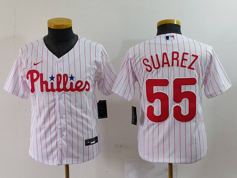 Youth Philadelphia Phillies #55 Ranger Suárez White Cool Base Stitched Baseball Jersey 4 Youth Philadelphia Phillies #55 Ranger Suárez White Cool Base Stitched Baseball Jersey 4