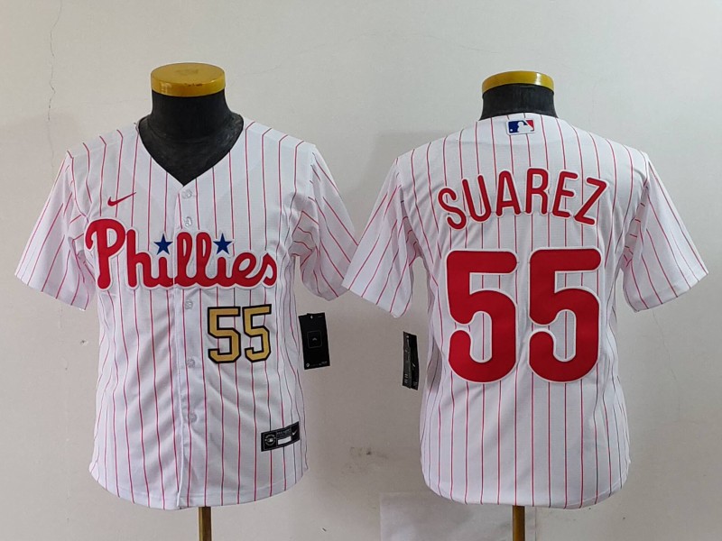 Youth Philadelphia Phillies #55 Ranger Suárez White Cool Base Stitched Baseball Jersey 2 Youth Philadelphia Phillies #55 Ranger Suárez White Cool Base Stitched Baseball Jersey 2