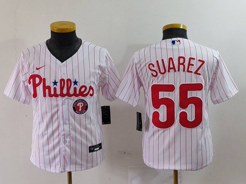 Youth Philadelphia Phillies #55 Ranger Suárez White Cool Base Stitched Baseball Jersey 1 Youth Philadelphia Phillies #55 Ranger Suárez White Cool Base Stitched Baseball Jersey 1