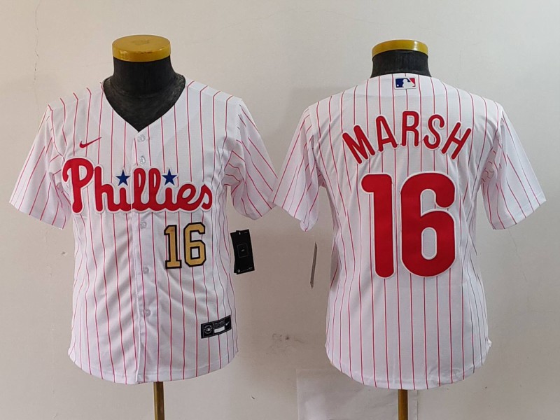 Youth Philadelphia Phillies #16 Brandon Marsh White Cool Base Stitched Baseball Jersey 3 Youth Philadelphia Phillies #16 Brandon Marsh White Cool Base Stitched Baseball Jersey 3