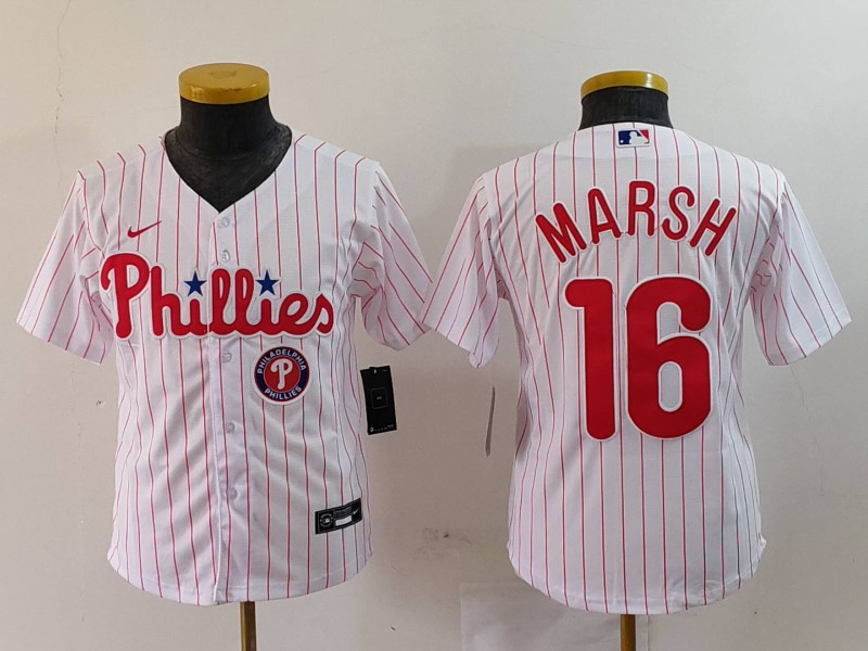 Youth Philadelphia Phillies #16 Brandon Marsh White Cool Base Stitched Baseball Jersey 2 Youth Philadelphia Phillies #16 Brandon Marsh White Cool Base Stitched Baseball Jersey 2