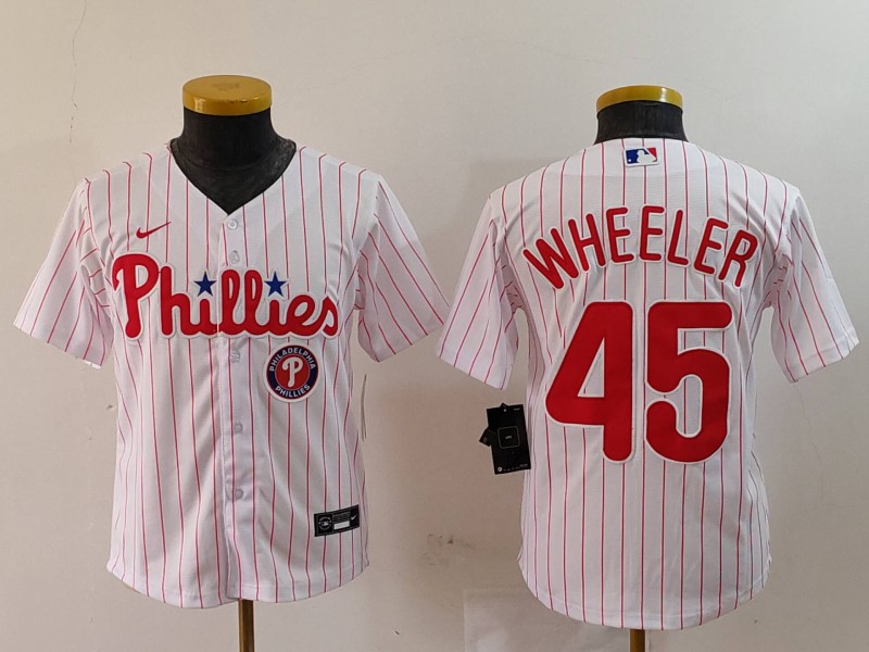 Youth Philadelphia Phillies #45 Zack Wheeler White Cool Base Stitched Baseball Jersey 2 Youth Philadelphia Phillies #45 Zack Wheeler White Cool Base Stitched Baseball Jersey 2
