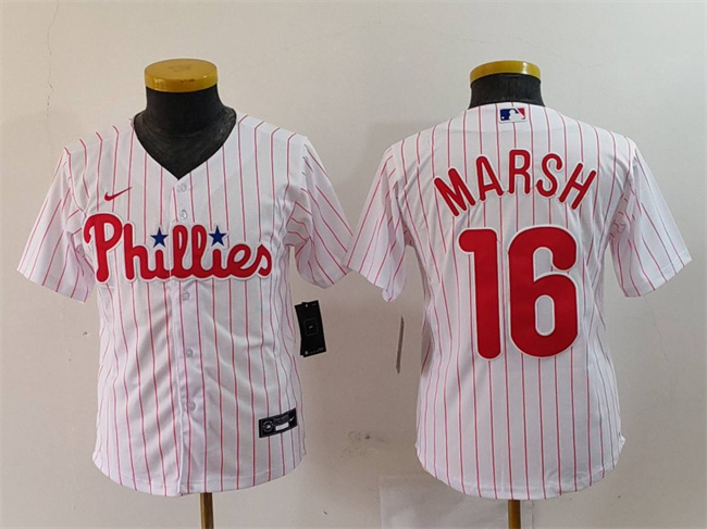 Youth Philadelphia Phillies #16 Brandon Marsh White Cool Base Stitched Baseball Jersey Youth Philadelphia Phillies #16 Brandon Marsh White Cool Base Stitched Baseball Jersey