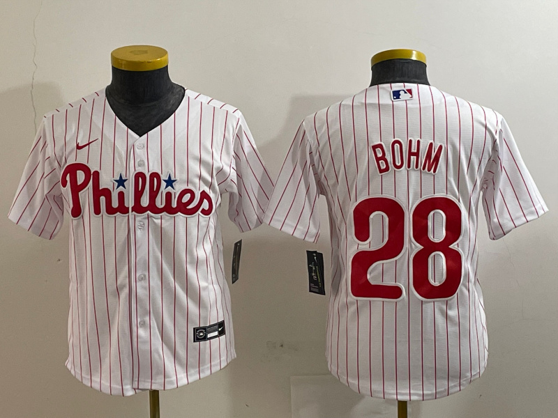 Youth Philadelphia Phillies #28 Alec Bohm White 2022 World Series Cool Base Stitched jerseys Youth Philadelphia Phillies #28 Alec Bohm White 2022 World Series Cool Base Stitched jerseys