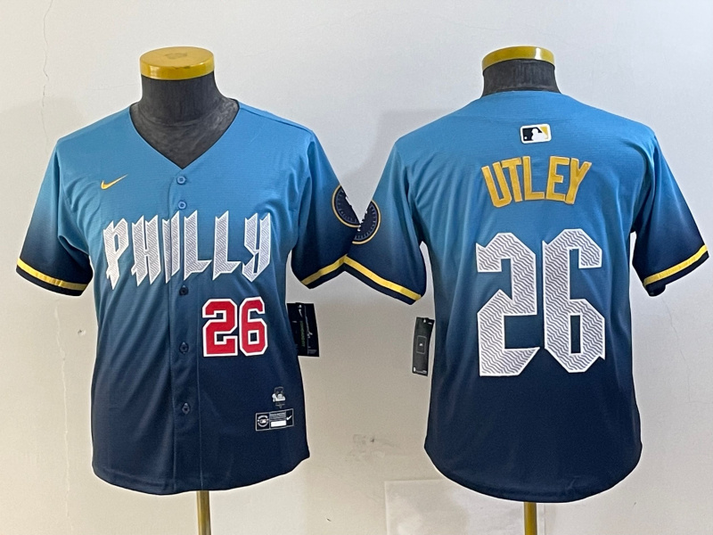 Youth Philadelphia Phillies #26 Chase Utley Blue 2024 City Connect Limited Stitched Youth Philadelphia Phillies #26 Chase Utley Blue 2024 City Connect Limited Stitched