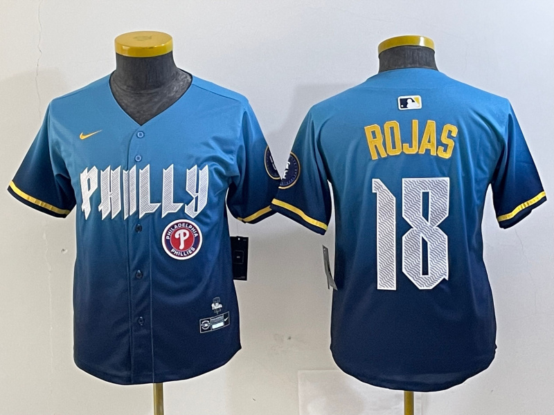 Youth Philadelphia Phillies #18 Johan Rojas Blue 2024 City Connect Limited Stitched jerseys 3 Youth Philadelphia Phillies #18 Johan Rojas Blue 2024 City Connect Limited Stitched jerseys 3