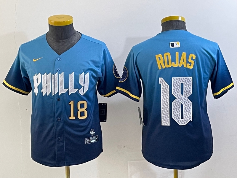 Youth Philadelphia Phillies #18 Johan Rojas Blue 2024 City Connect Limited Stitched jerseys 1 Youth Philadelphia Phillies #18 Johan Rojas Blue 2024 City Connect Limited Stitched jerseys 1