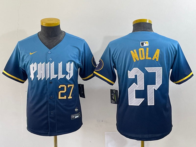 Youth Philadelphia Phillies #27 Aaron Nola Blue 2024 City Connect Limited Stitched Baseball Jersey 6 Youth Philadelphia Phillies #27 Aaron Nola Blue 2024 City Connect Limited Stitched Baseball Jersey 6