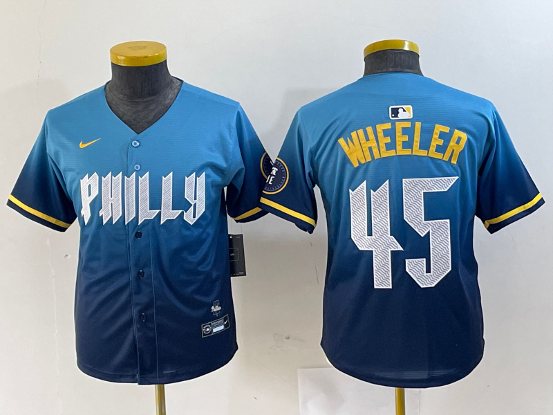 Youth Philadelphia Phillies #45 Zack Wheeler Blue 2024 City Connect Limited Stitched Baseball Jersey 6 Youth Philadelphia Phillies #45 Zack Wheeler Blue 2024 City Connect Limited Stitched Baseball Jersey 6
