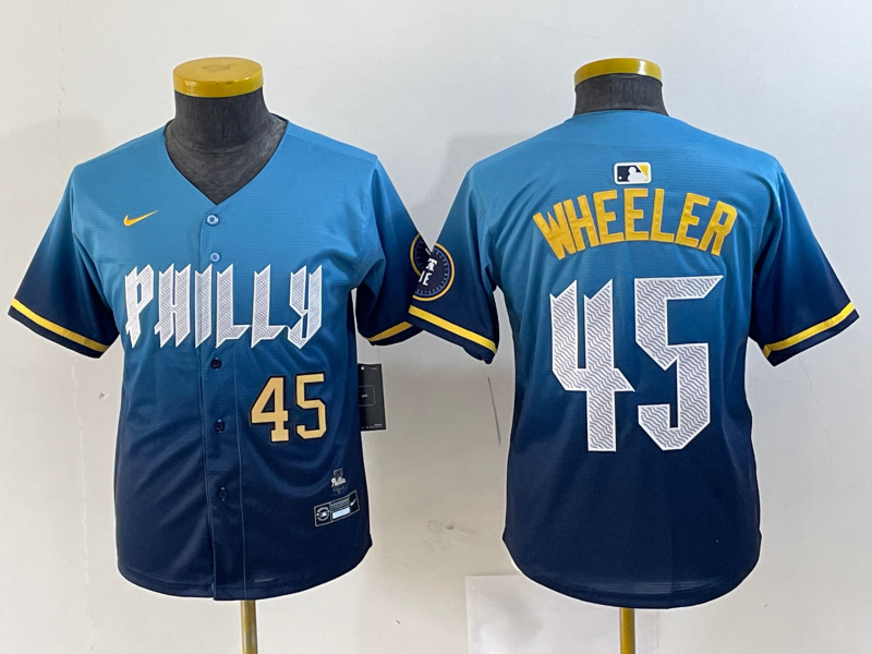 Youth Philadelphia Phillies #45 Zack Wheeler Blue 2024 City Connect Limited Stitched Baseball Jersey 4 Youth Philadelphia Phillies #45 Zack Wheeler Blue 2024 City Connect Limited Stitched Baseball Jersey 4
