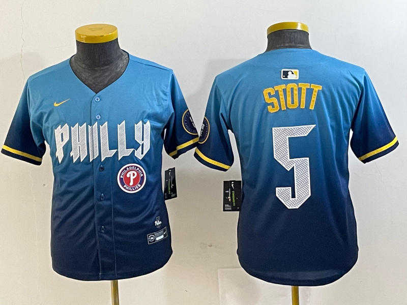 Youth Philadelphia Phillies #5 Bryson Stott Blue 2024 City Connect Limited Stitched Baseball Jersey 3 Youth Philadelphia Phillies #5 Bryson Stott Blue 2024 City Connect Limited Stitched Baseball Jersey 3