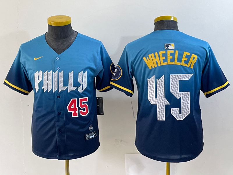 Youth Philadelphia Phillies #45 Zack Wheeler Blue 2024 City Connect Limited Stitched Baseball Jersey Youth Philadelphia Phillies #45 Zack Wheeler Blue 2024 City Connect Limited Stitched Baseball Jersey