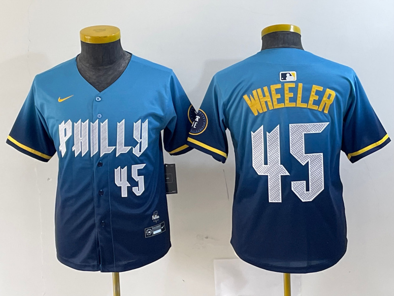 Youth Philadelphia Phillies #45 Zack Wheeler Blue 2024 City Connect Limited Stitched Baseball Jersey Youth Philadelphia Phillies #45 Zack Wheeler Blue 2024 City Connect Limited Stitched Baseball Jersey