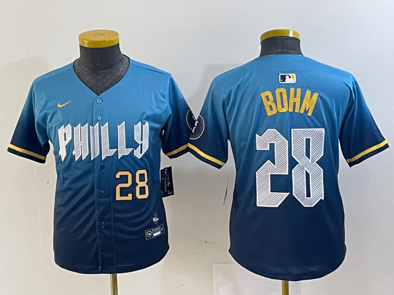 Youth Philadelphia Phillies #28 Alec Bohm Blue 2024 City Connect Limited Stitched Baseball Jersey 5 Youth Philadelphia Phillies #28 Alec Bohm Blue 2024 City Connect Limited Stitched Baseball Jersey 5