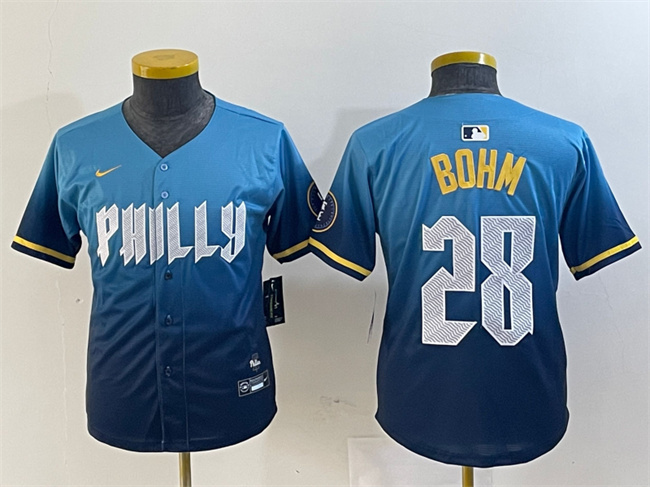 Youth Philadelphia Phillies #28 Alec Bohm Blue 2024 City Connect Limited Stitched Baseball Jersey Youth Philadelphia Phillies #28 Alec Bohm Blue 2024 City Connect Limited Stitched Baseball Jersey
