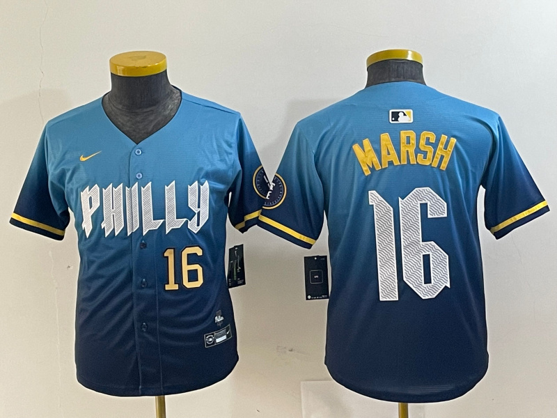 Youth Philadelphia Phillies #16 Brandon Marsh Blue 2024 City Connect Limited Stitched Jersey 4 Youth Philadelphia Phillies #16 Brandon Marsh Blue 2024 City Connect Limited Stitched Jersey 4
