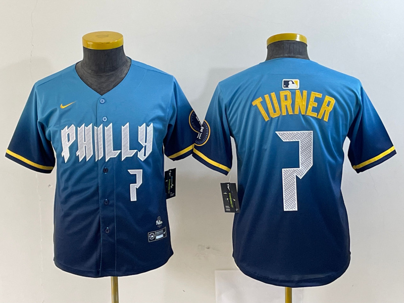Youth Philadelphia Phillies #7 Trea Turner Blue 2024 City Connect Limited Stitched Jersey 5 Youth Philadelphia Phillies #7 Trea Turner Blue 2024 City Connect Limited Stitched Jersey 5