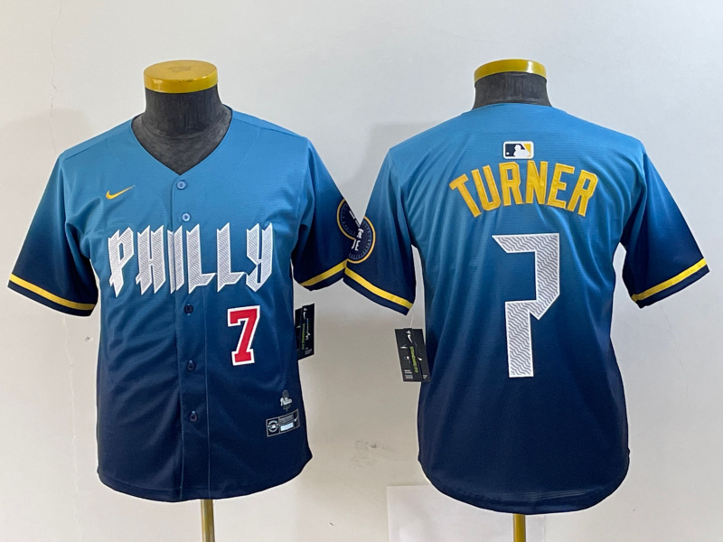 Youth Philadelphia Phillies #7 Trea Turner Blue 2024 City Connect Limited Stitched Jersey 4 Youth Philadelphia Phillies #7 Trea Turner Blue 2024 City Connect Limited Stitched Jersey 4