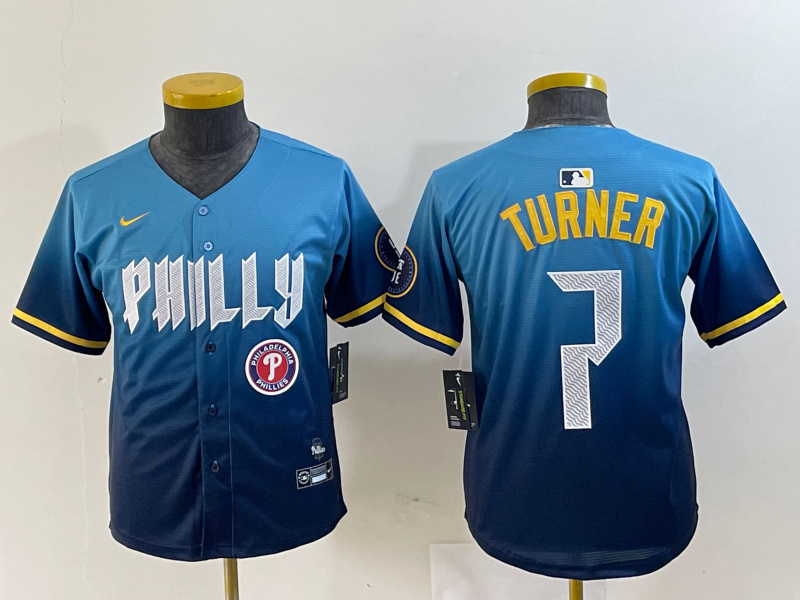 Youth Philadelphia Phillies #7 Trea Turner Blue 2024 City Connect Limited Stitched Jersey 3 Youth Philadelphia Phillies #7 Trea Turner Blue 2024 City Connect Limited Stitched Jersey 3