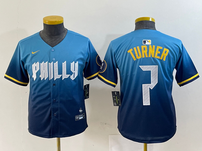 Youth Philadelphia Phillies #7 Trea Turner Blue 2024 City Connect Limited Stitched Jersey 1 Youth Philadelphia Phillies #7 Trea Turner Blue 2024 City Connect Limited Stitched Jersey 1