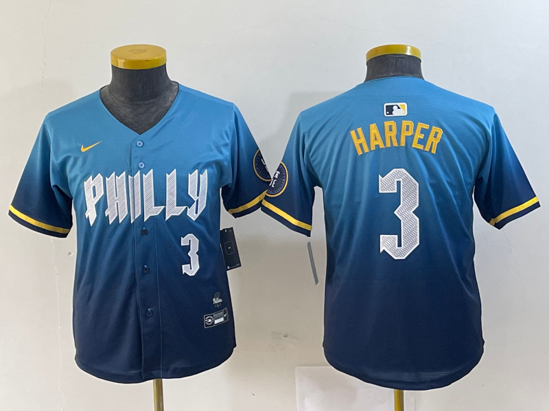 Youth Philadelphia Phillies #3 Bryce Harper Blue 2024 City Connect Limited Stitched Jersey 9 Youth Philadelphia Phillies #3 Bryce Harper Blue 2024 City Connect Limited Stitched Jersey 9
