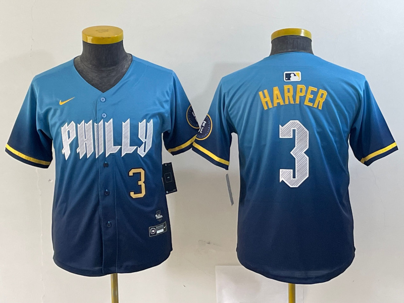 Youth Philadelphia Phillies #3 Bryce Harper Blue 2024 City Connect Limited Stitched Jersey 3 Youth Philadelphia Phillies #3 Bryce Harper Blue 2024 City Connect Limited Stitched Jersey 3