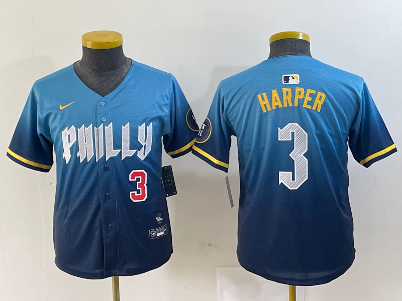 Youth Philadelphia Phillies #3 Bryce Harper Blue 2024 City Connect Limited Stitched Jersey Youth Philadelphia Phillies #3 Bryce Harper Blue 2024 City Connect Limited Stitched Jersey