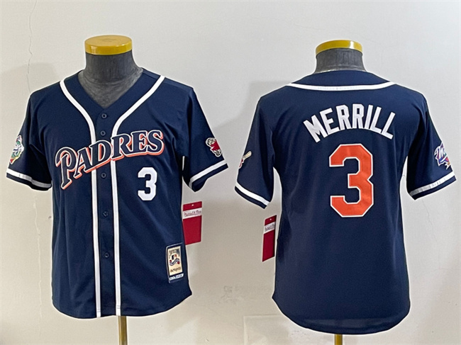 Youth San Diego Padres #3 Jackson Merrill Navy Throwback With Patch Stitched Baseball Jersey Youth San Diego Padres #3 Jackson Merrill Navy Throwback With Patch Stitched Baseball Jersey