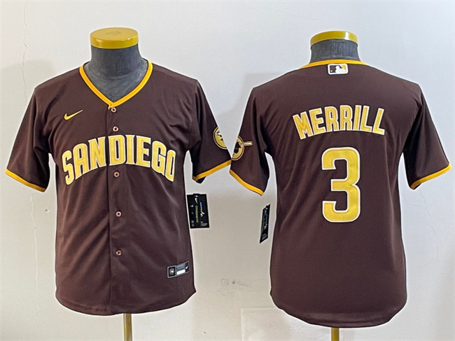 Youth San Diego Padres #3 Jackson Merrill Brown Stitched Baseball Jersey Youth San Diego Padres #3 Jackson Merrill Brown Stitched Baseball Jersey
