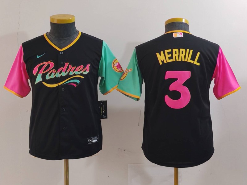 Youth San Diego Padres #3 Jackson Merrill Black City Connect Stitched Baseball Jersey(Run Small) 5 Youth San Diego Padres #3 Jackson Merrill Black City Connect Stitched Baseball Jersey(Run Small) 5