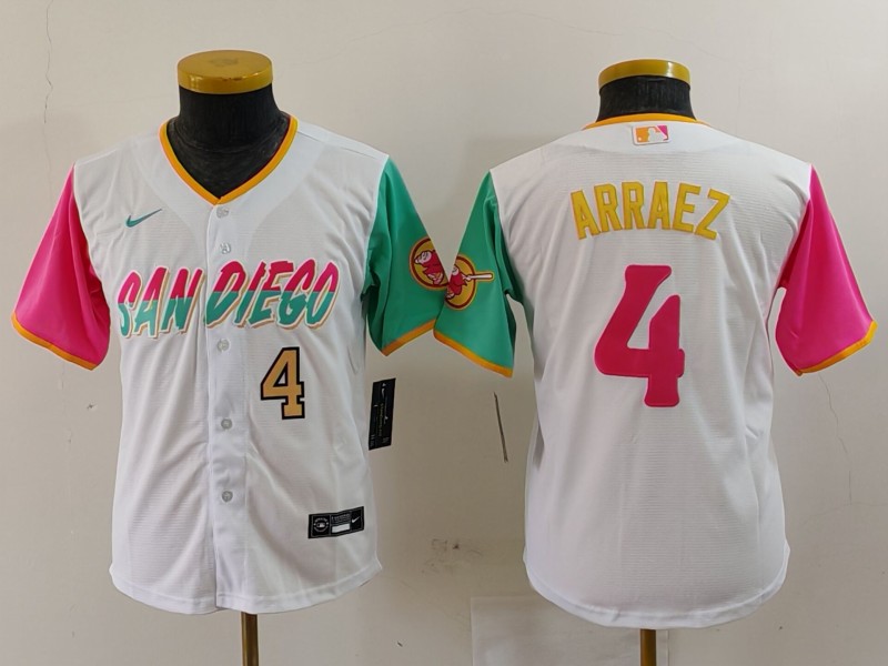 Youth San Diego Padres #4 Luis Arraez White City Connect Stitched Baseball Jersey 1 Youth San Diego Padres #4 Luis Arraez White City Connect Stitched Baseball Jersey 1