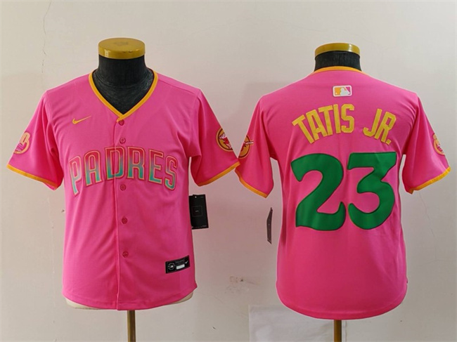 Youth San Diego Padres #23 Fernando Tatis Jr. Pink Stitched Baseball Jersey Youth San Diego Padres #23 Fernando Tatis Jr. Pink Stitched Baseball Jersey